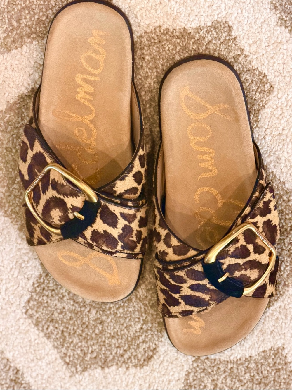 Sam Edelman Leopard Print Slide Sandals with Gold Buckles - Brown/Tan